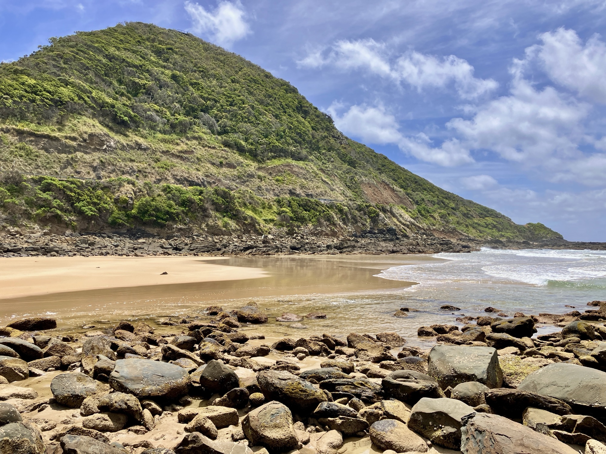 A bay backed by a forested hill