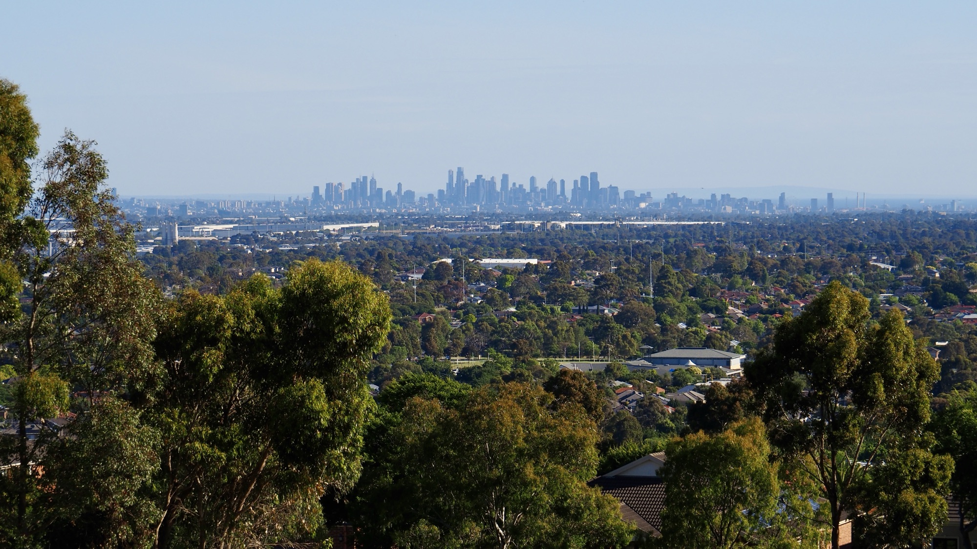 A distant view of the skyline of Melbourne CBD