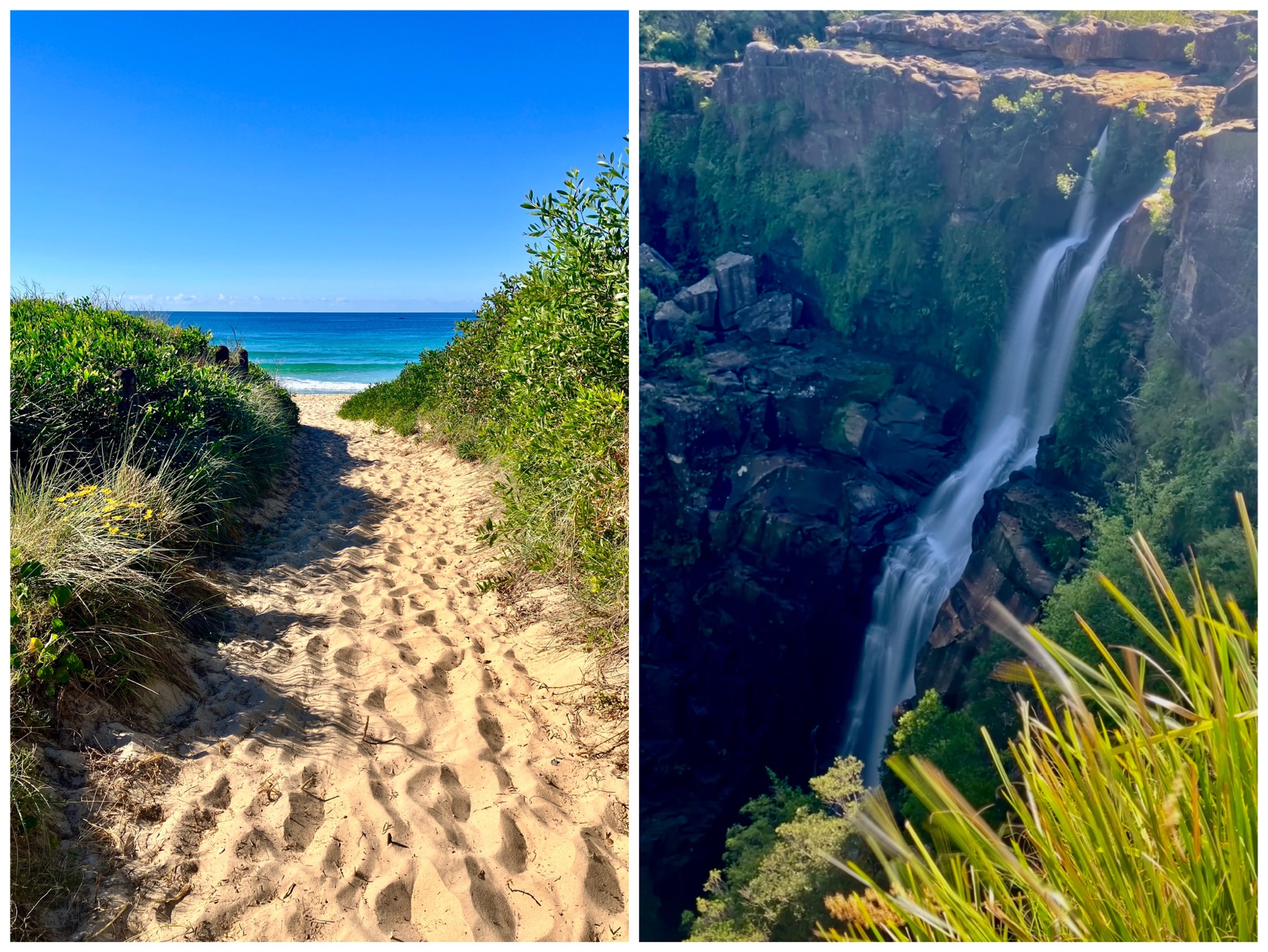 Beach and blue sky, waterfall and bush